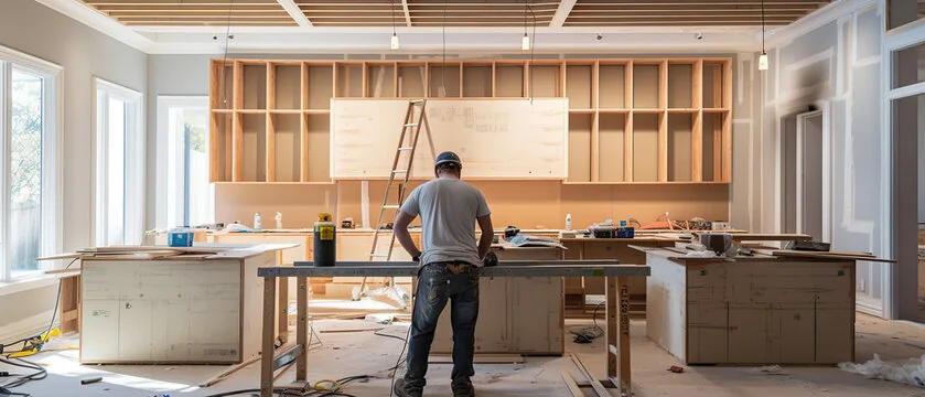Carpenter building custom cabinetry in a kitchen under construction