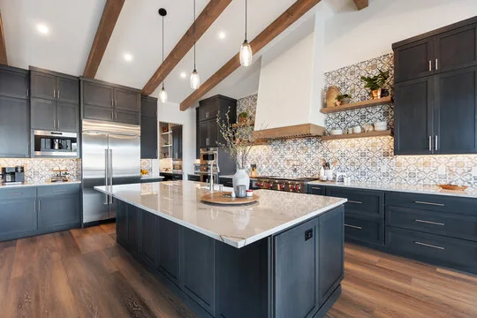 Dark cabinets with patterned tile