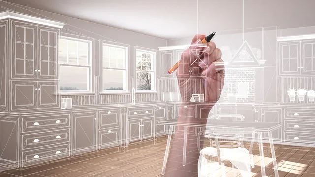Hand sketching a kitchen design with cabinets, windows and table in outline