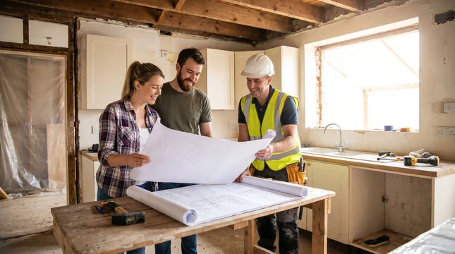 Homeowners and builder reviewing kitchen remodel plans on site